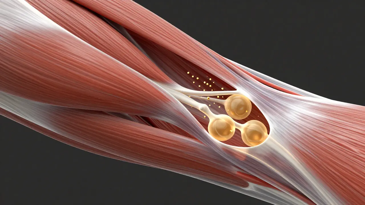 Anatomický detail svalových vláken a fascií s vyznačenými bolestivými trigger pointy.