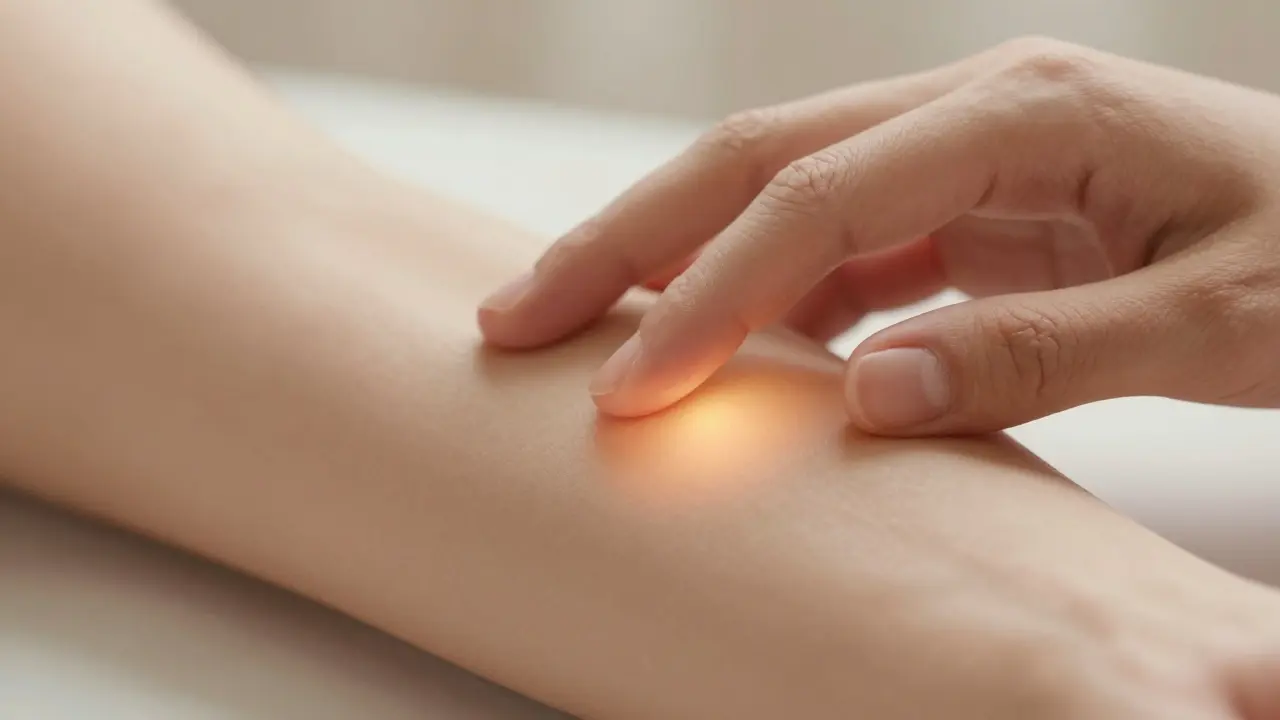 Detail jemného doteku ruky na kůži s jemným zlatým svitem v místě kontaktu.