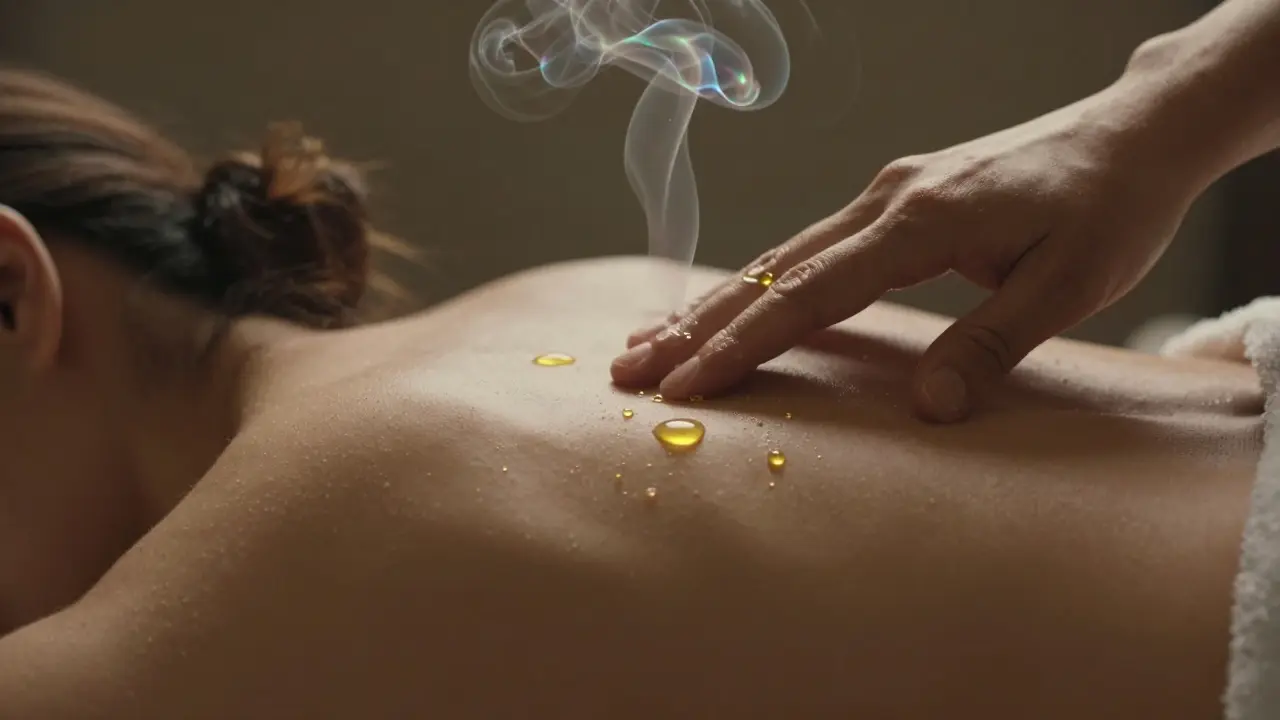 Detail phosphorylated kůže s masážním olejem a symbolickými vjevy vůně.
