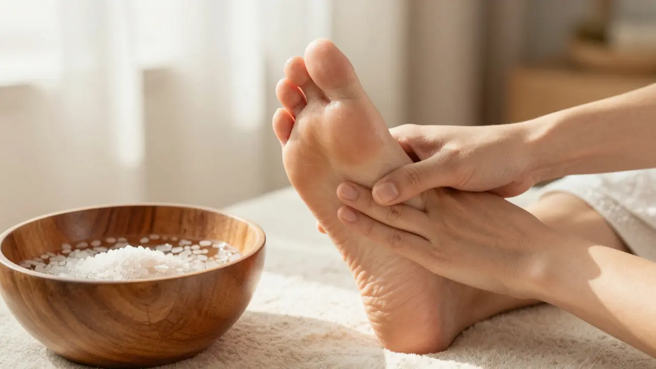 Detail ruky při domácí reflexní masáži chodidla v uklidňujícím prostředí.