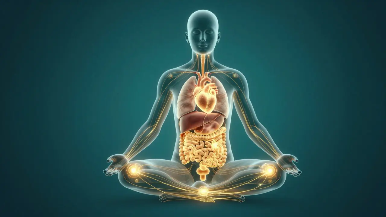 Ilustrace propojení reflexních bodů na chodidlech s vnitřními orgány těla.