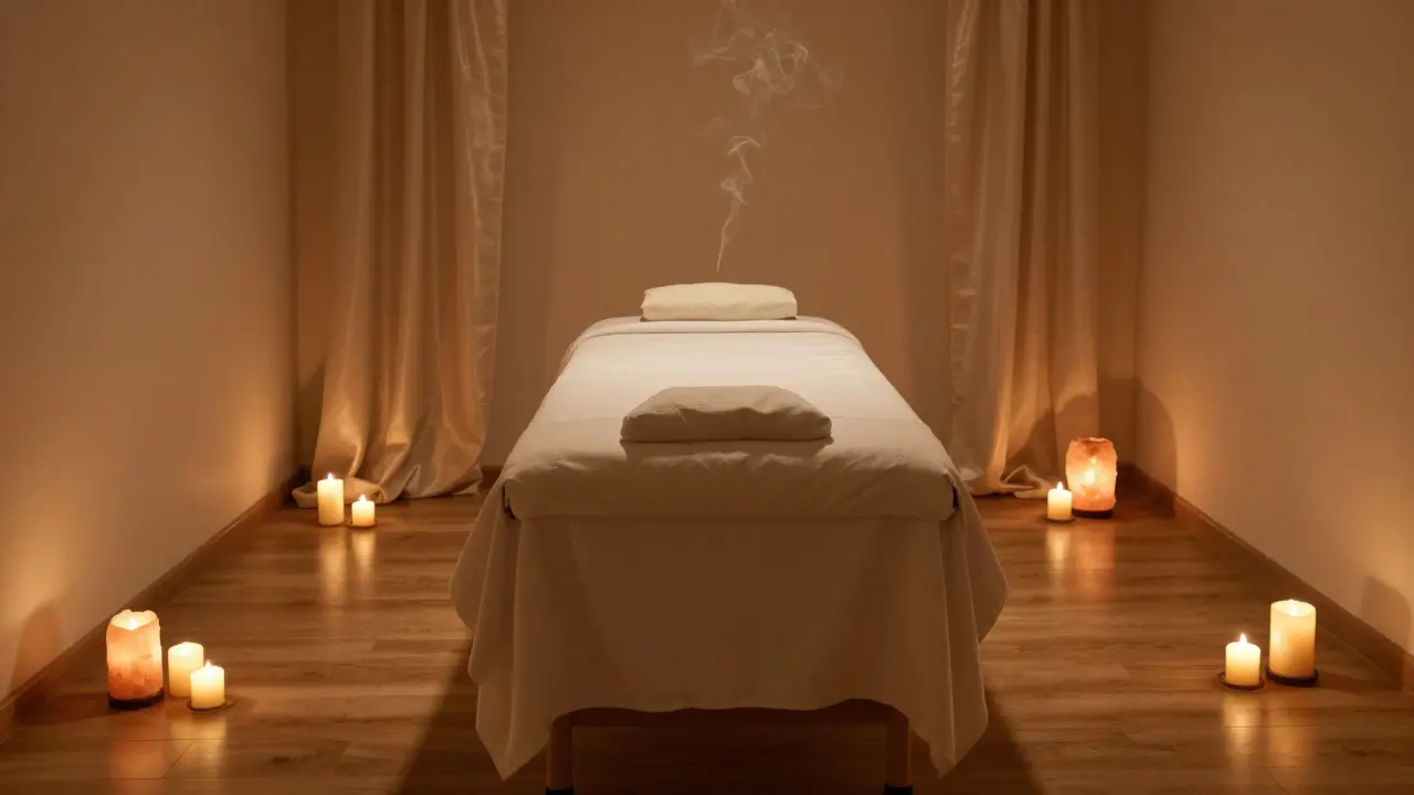 Klidná terapeutická místnost s tlumeným světlem, svíčkami a masážním stolem.