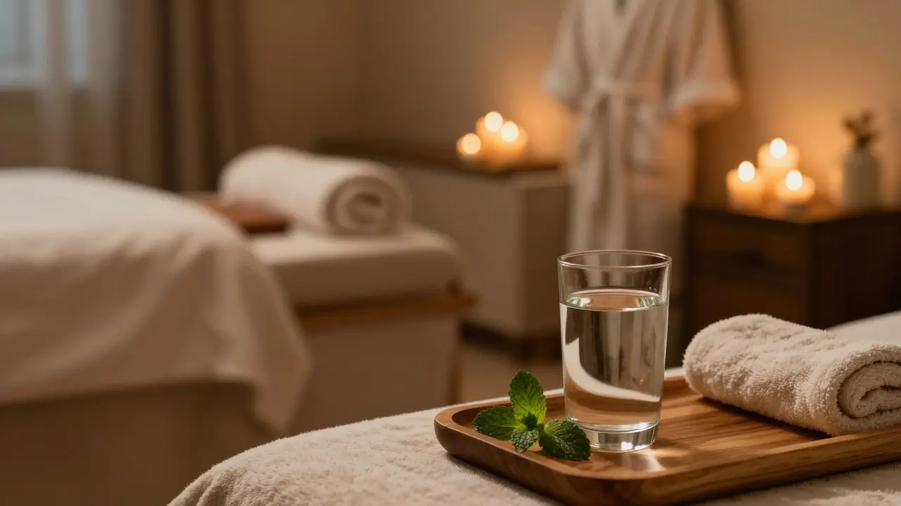 Klidné prostředí wellness centra s vodou a svíčkami.