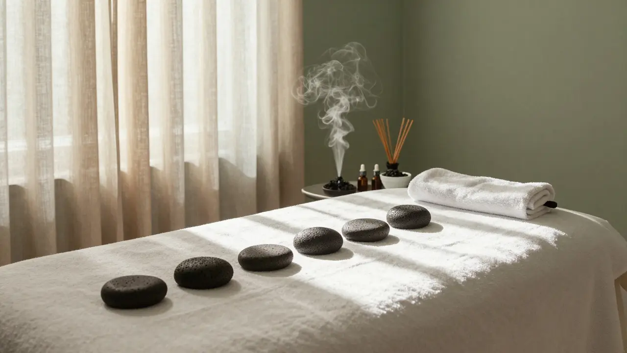 Klidný interiér luxusního wellness studia s esenciálními oleji a lávovými kameny.