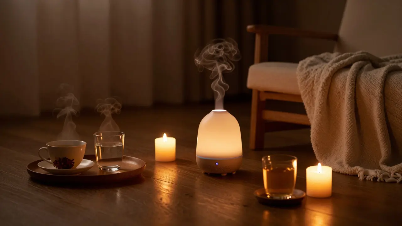 Klidný interiér s difuzérem, svíčemi a bylinkovým čajem pro wellness rituál.