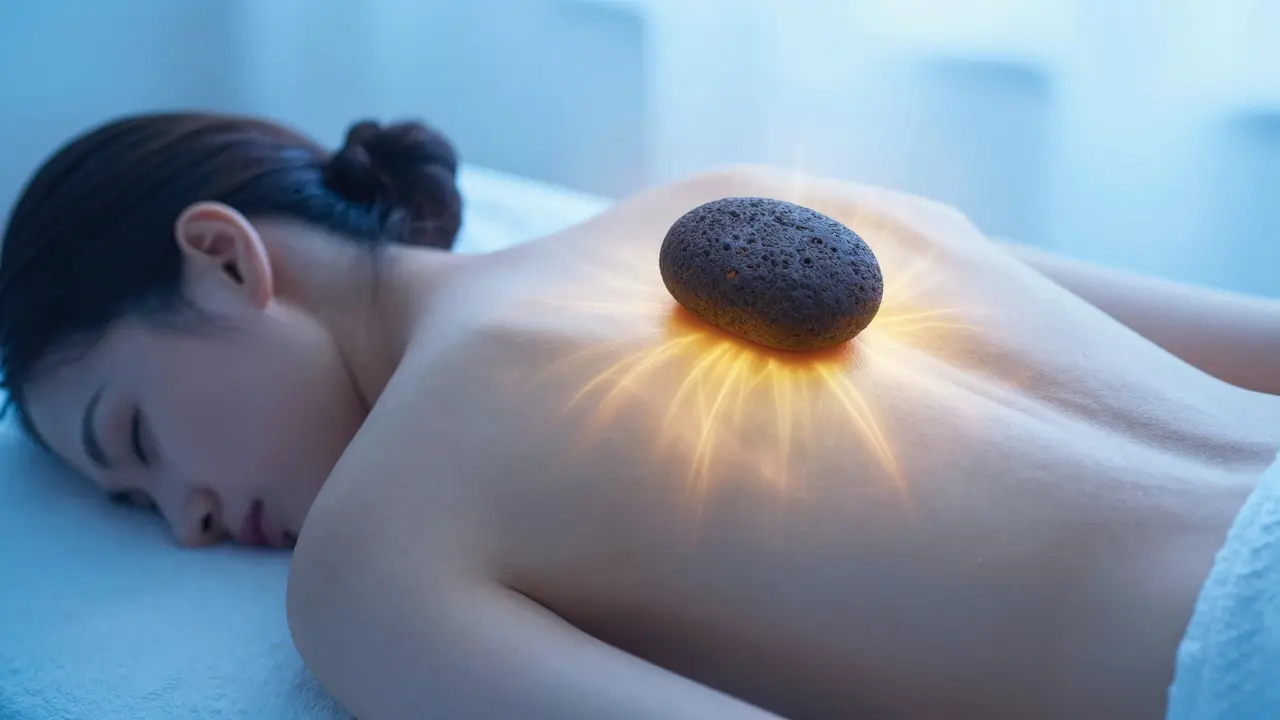 Konceptuální zobrazení pronikání tepla z lávového kamene hluboko do svalů zad.