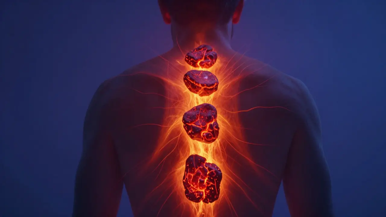 Konceptuální zobrazení tepla pronikajícího do svalů zad.