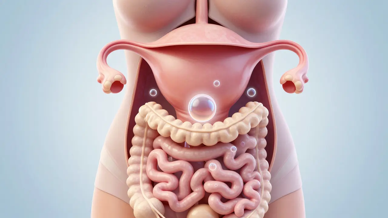 Kresba ukazující tlak dělohy na střeva a hromadění plynů v těhotenství.