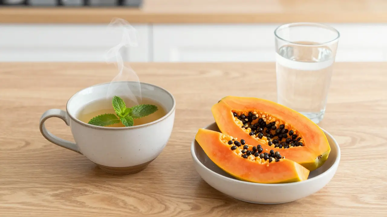 Šálek mátového čaje a zdravé ovoce na stole pro lepší trávení.