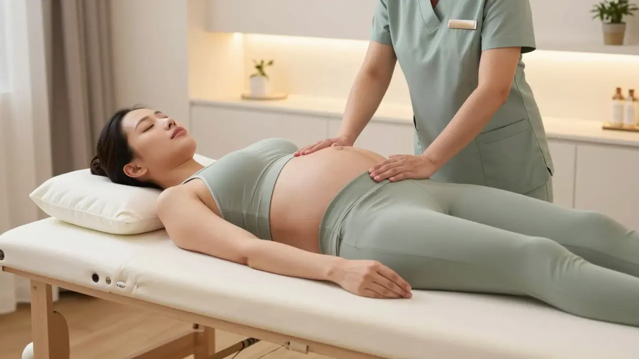 Správná poloha těhotné ženy na bok s podpůrnými polštáři během masáže.
