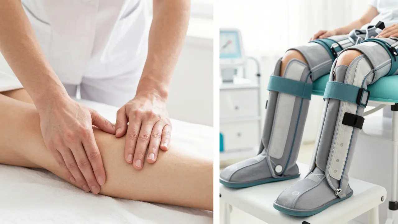 Srovnání jemné manuální lymfatické drenáže a přístrojových kompresních bot.