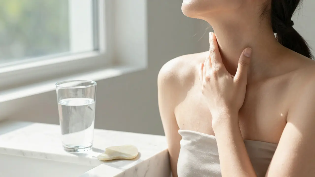 Žena provádějící jemnou samomasáž krku v brightm moderní koupelně.