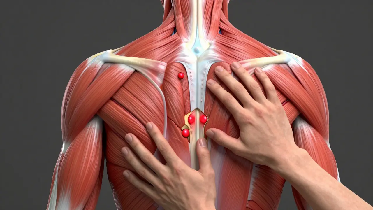Anatomická ilustrace uvolnění spouštěcích bodů ve svalech