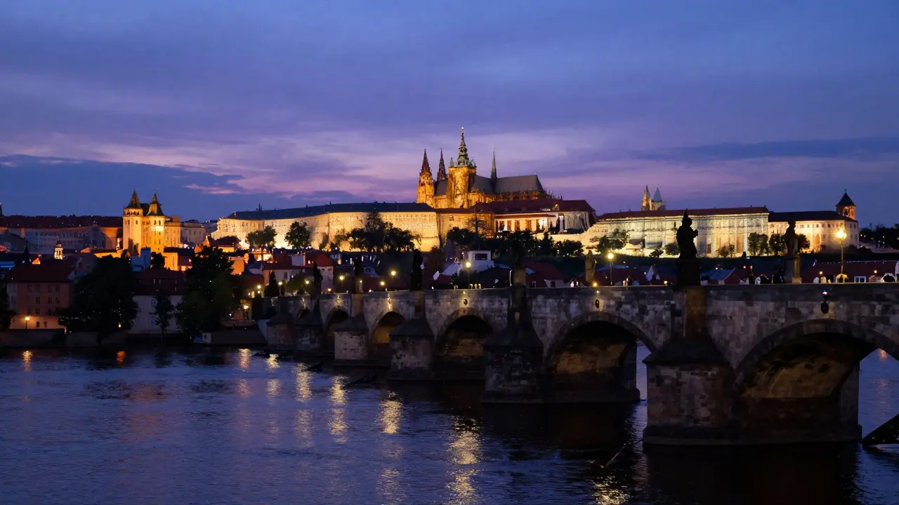 Karlův most večer s osvětleným hradem na pozadí