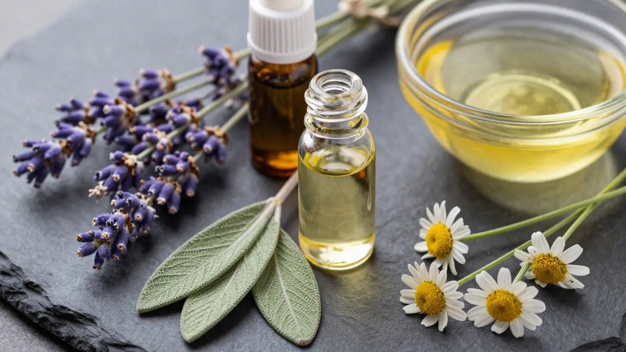 Éterické oleje a bylinky pro aromaterapii na kamenném podkladu