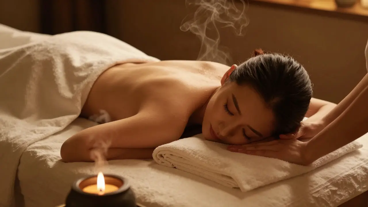 Žena v hluboké relaxaci během uklidňující masáže