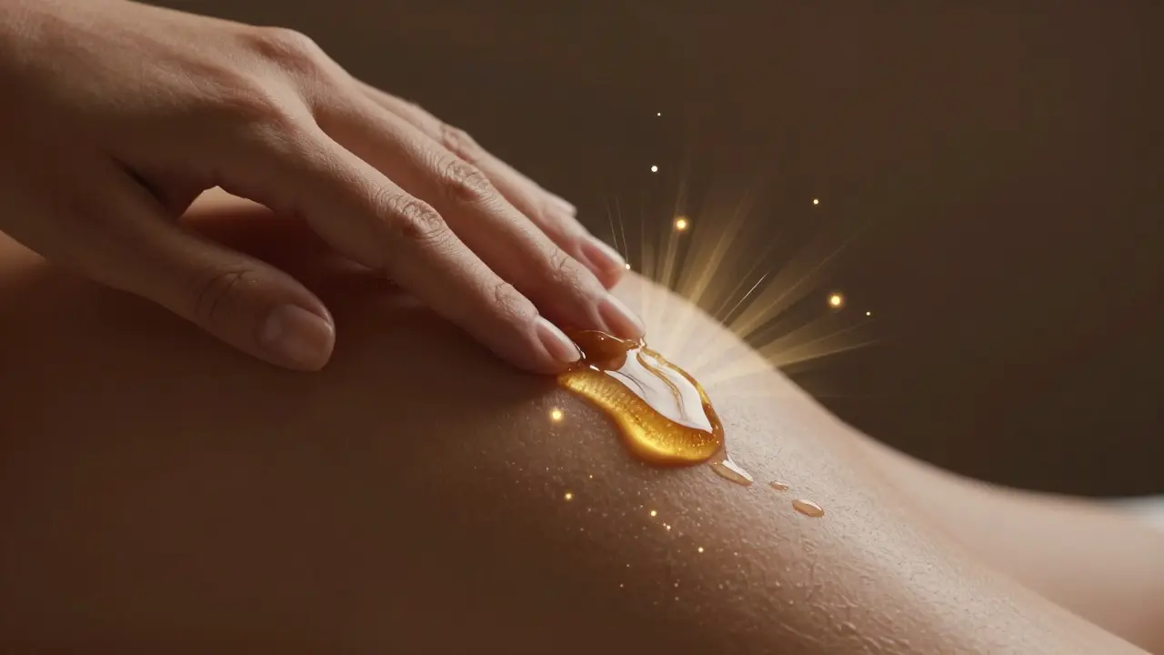Glosující olej na pokožce symbolizující hydrataci