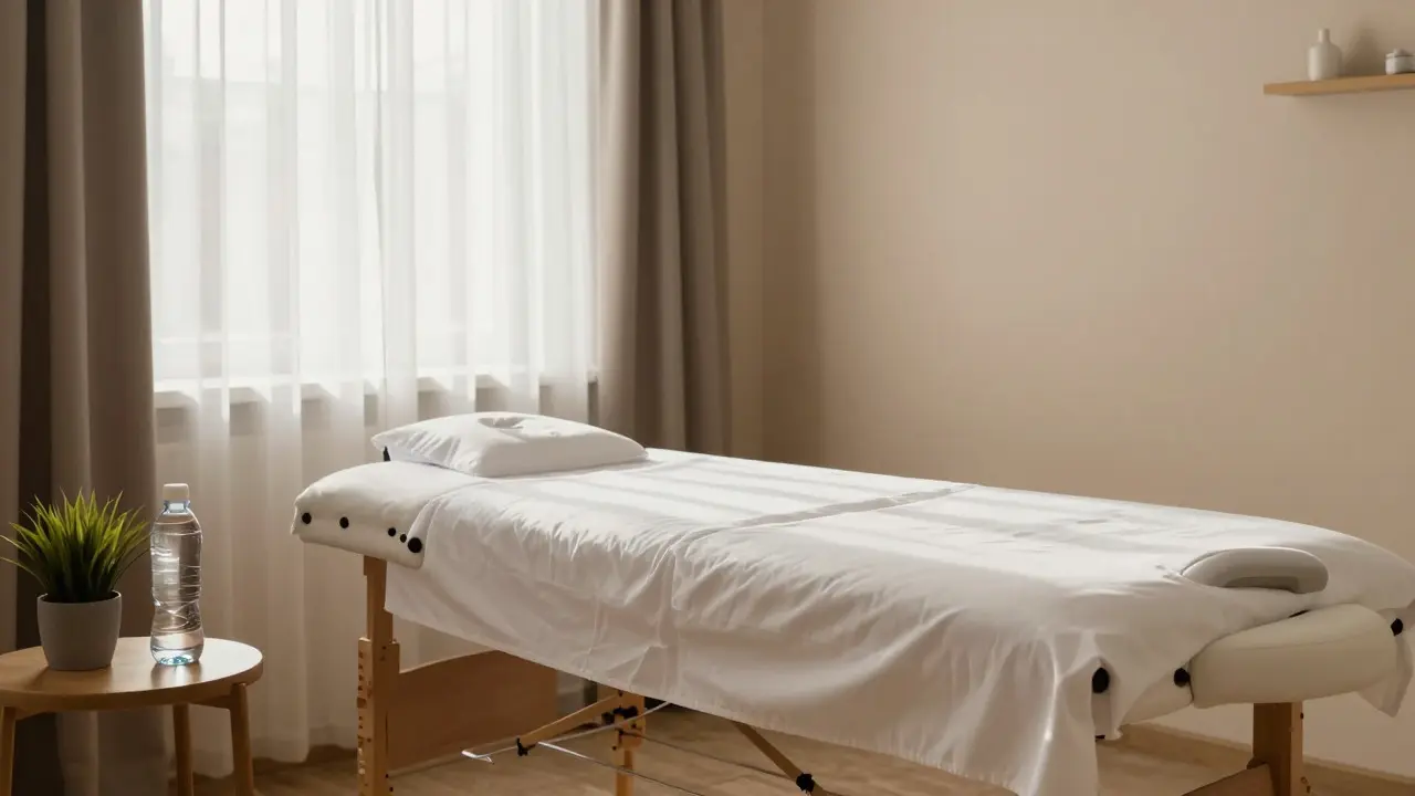 Klidná terapeutická místnost s masážním stolem