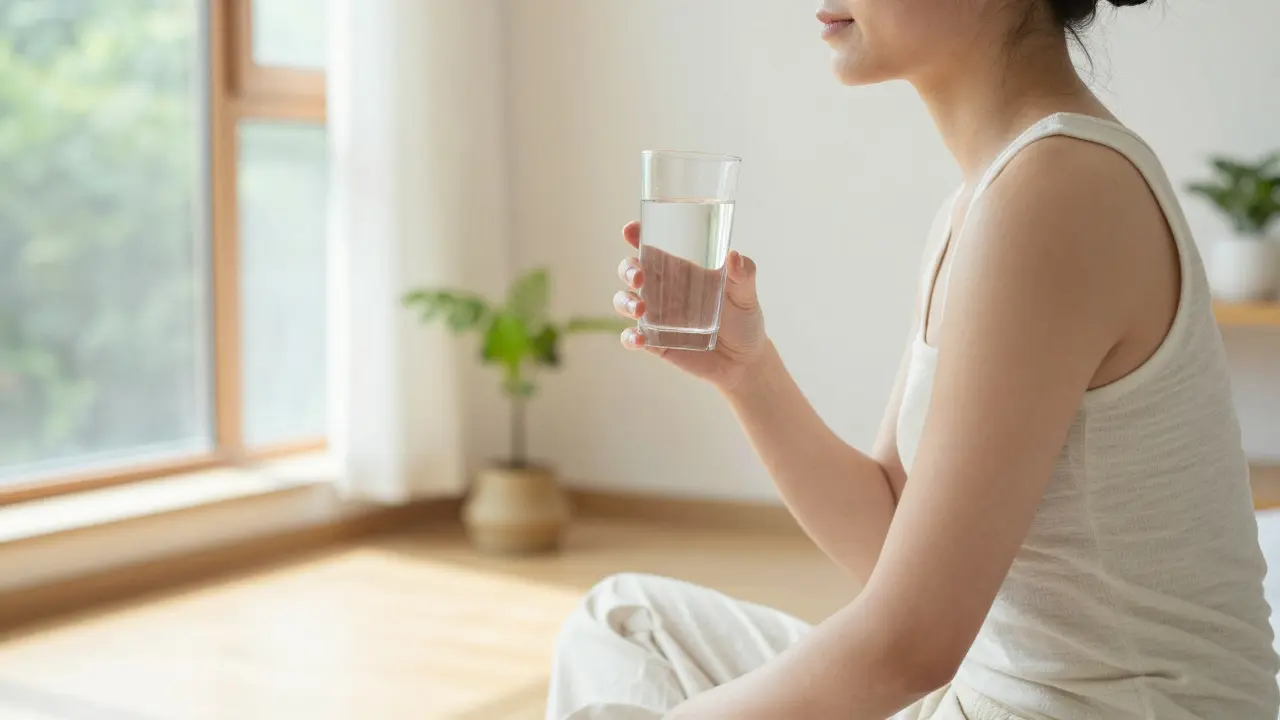 Osvěžená osoba pije vodu po masáži v jasném wellness prostoru
