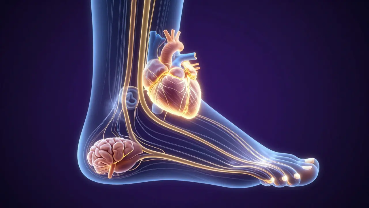 Glowing energy lines connecting foot points to organs