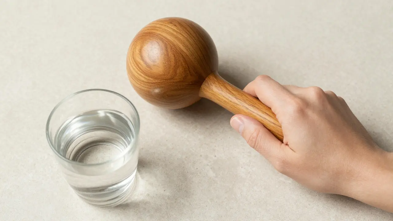 Massage ball and water on a stone surface for self-care