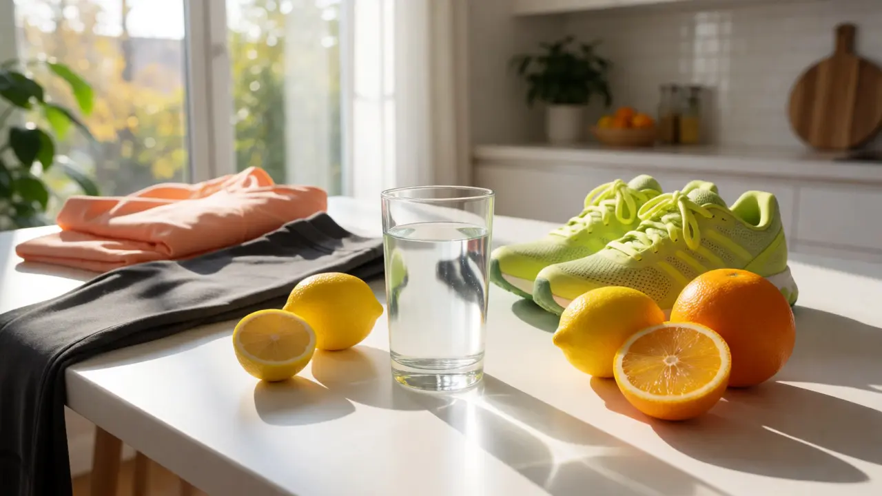 Sklenice vody, citrusy a sportovní oblečení symbolizující zdravý životní styl