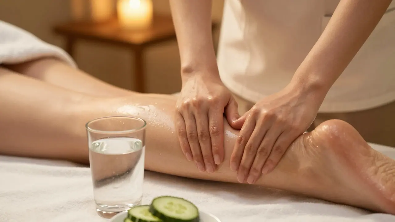 Terapeut provádějící anticelulitidní masáž nohy ve wellness prostředí
