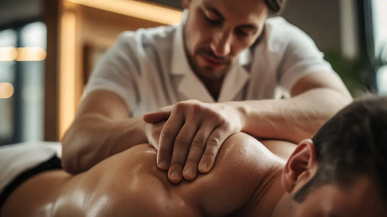 Close-up of a therapist kneading shoulder muscles in a clinic.