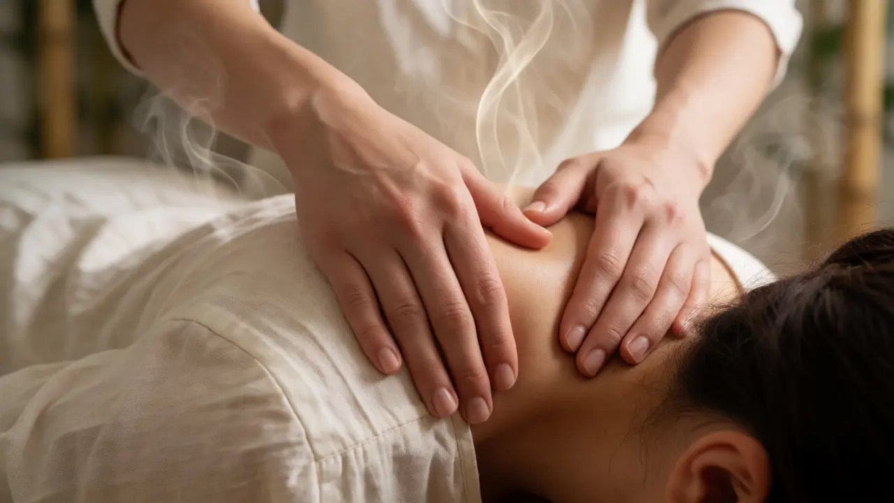 Detailní záběr na techniku natahování krátkých svalů při masáži shiatsu, symbolizující úlevu od napětí.