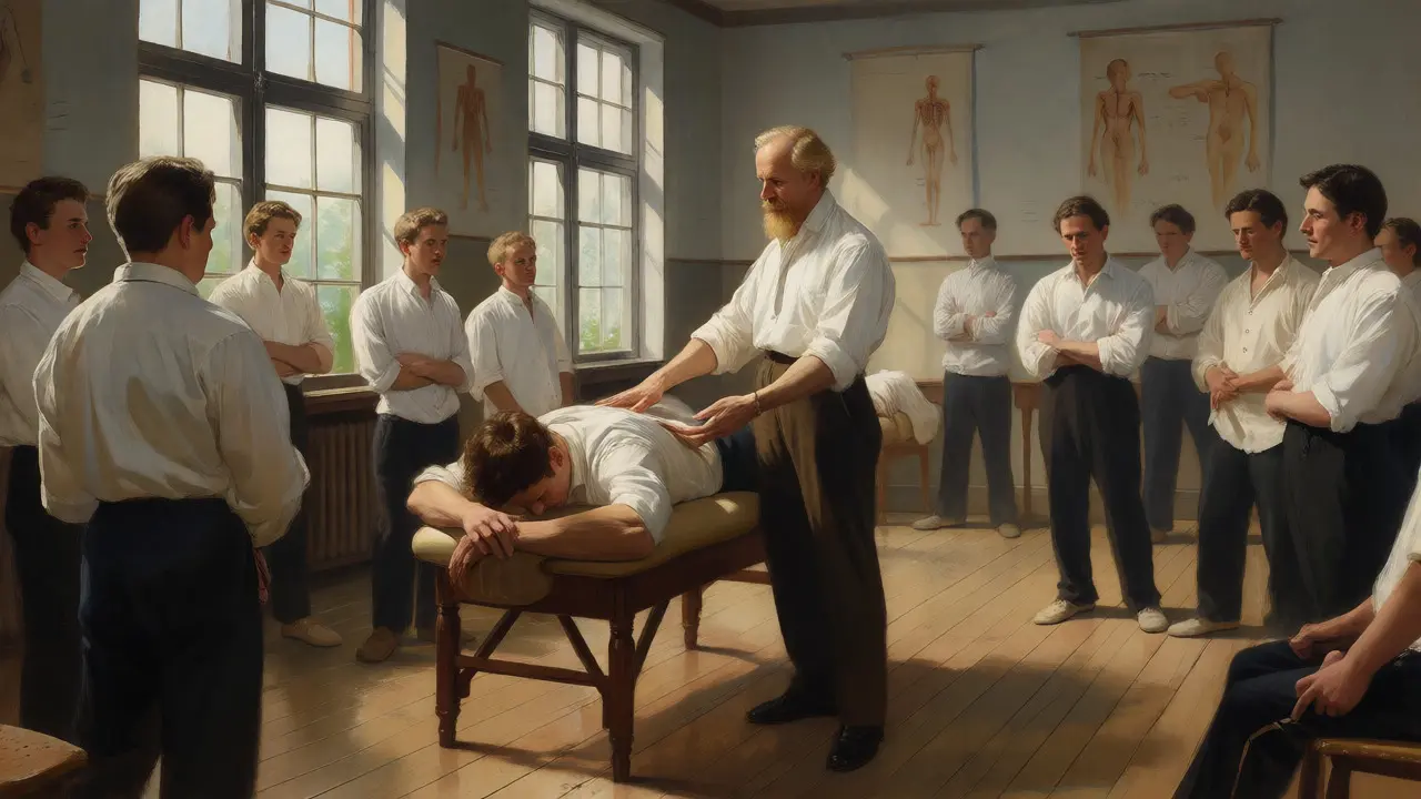 Per Henrik Ling teaching systematic massage techniques in a gym.