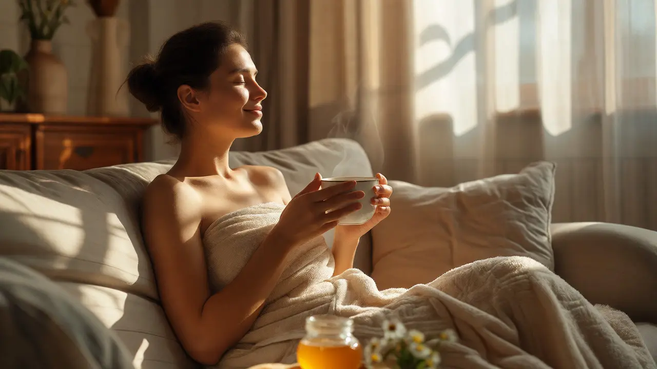 Žena odpočívající s čajem po relaxační masáži ve slunném pokoji.