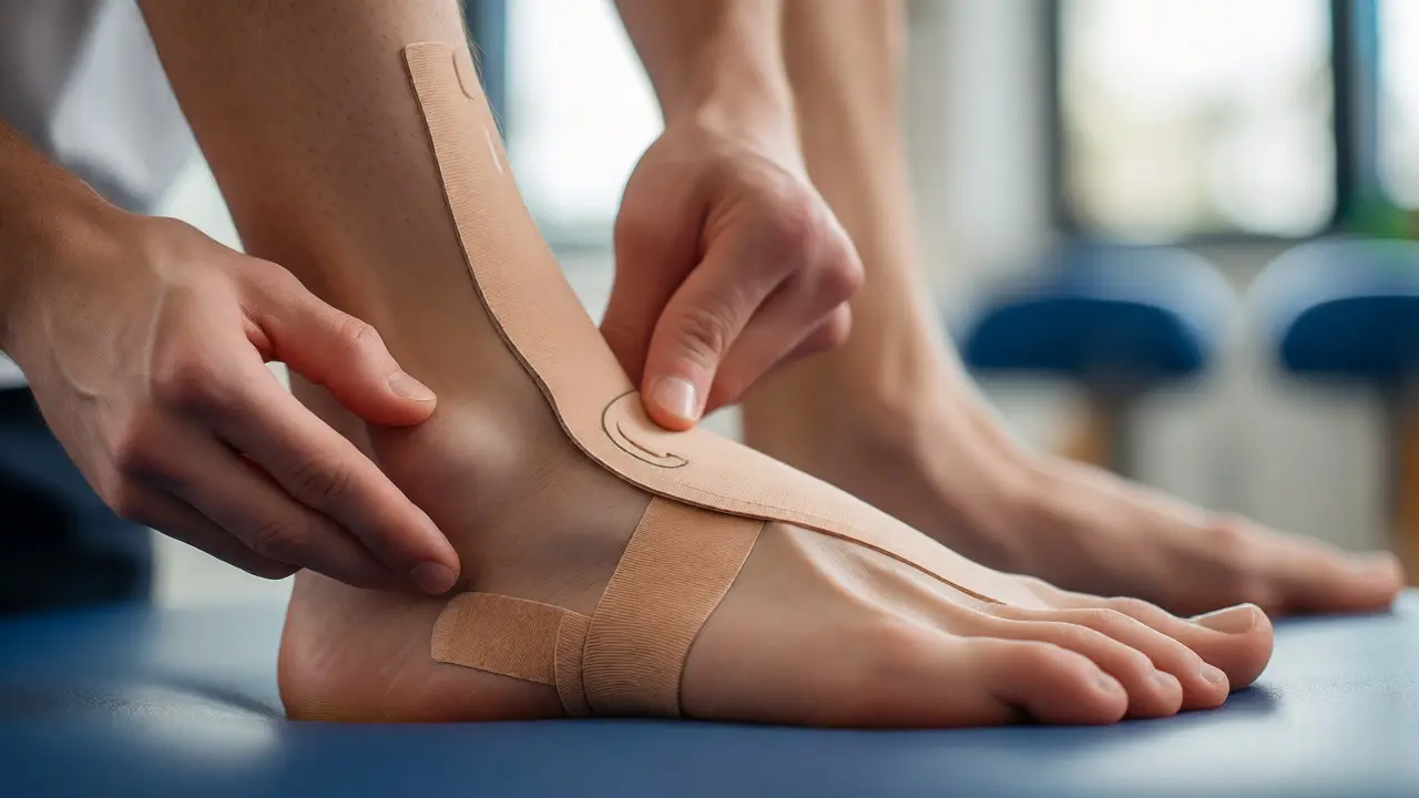 Fyzioterapeut aplikuje kinetiotape na chodidlo pro podporu propadlé klenby