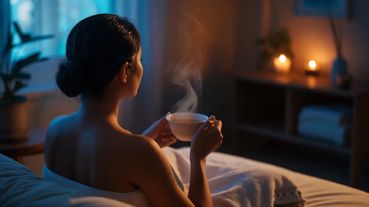 Relaxovaná osoba s čajem po dokončení indické masáže hlavy